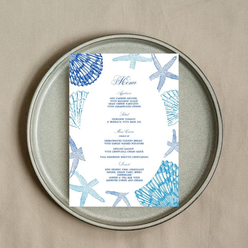 Editable Blue Seashells Menu Canva Template, Custom Beach Wedding ...