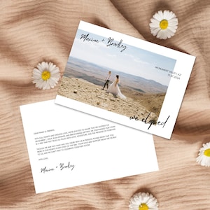 Modèle de toile d'invitation de réception de mariage minimal We eloped, invitation de fugue de script modifiable avec photo, carte postale Elope à téléchargement immédiat