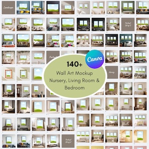 Plantilla de Canva para maquetas de arte mural editables, tanto verticales como horizontales, para guardería, sala de estar y dormitorio.