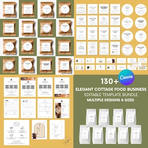 May include: A digital template bundle for a cottage food business, featuring various printable labels, order forms, and marketing materials with text such as 130+ Elegant Cottage Food Business Editable Template Bundle and Canva.