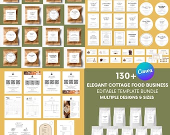 May include: A digital template bundle for a cottage food business, featuring various printable labels, order forms, and marketing materials with text such as 130+ Elegant Cottage Food Business Editable Template Bundle and Canva.