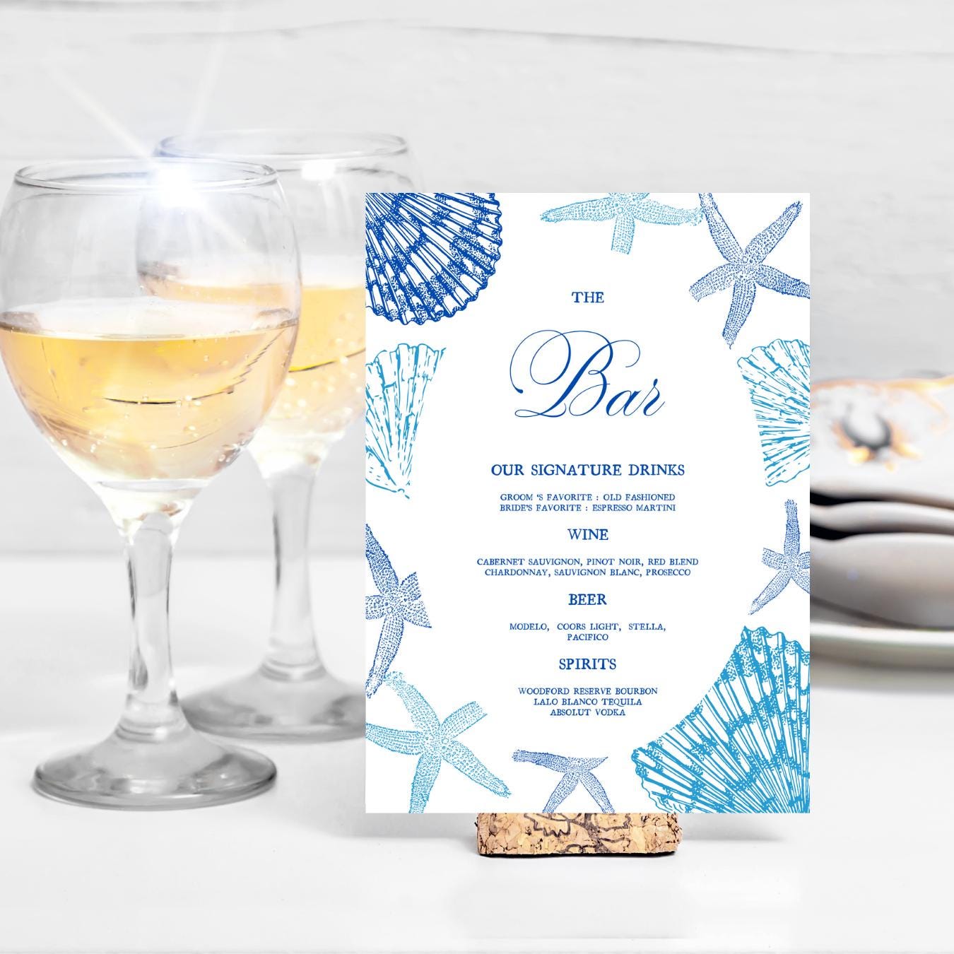 Editable Blue Seashells Bar Menu Canva Template, Custom Beach Wedding ...