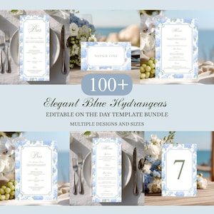 Op de afbeelding: Een collectie trouwbriefpapier met een thema van blauwe hortensia's. De set bevat barmenu's, naambordjes en tafelnummers. De ontwerpen hebben een lichtblauwe bloemenrand en de tekst "100+ Elegant Blue Hydrangeas".