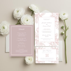 Bearbeitbare Misty Rose Englisch Regency Hochzeitseinladungs-Vorlage, druckbare Vintage Pink Floral Toile Hochzeit laden Canva-Vorlage ein, F3