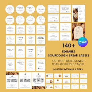 May include: A collection of editable sourdough bread labels and business templates featuring various circular and rectangular designs with black text on white backgrounds, including menu layouts, QR codes, and loyalty cards for a food business.