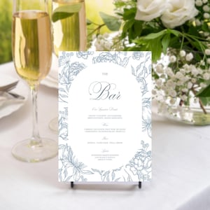 Modèle modifiable de toile de bar de mariage de toile de pivoine bleue, menu imprimable de boissons de Chinoiserie florale pour la douche nuptiale, dîner de répétition, F5