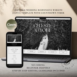 Plantilla de Canva editable, minimalista y adaptable para sitio web de información sobre bodas, página web moderna en blanco y negro con detalles de la boda.