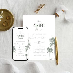 Plantilla editable de Canva para invitación de boda con palmera tropical verde la noche anterior, invitación electrónica personalizada minimalista para ensayo de fiesta de bienvenida en la playa, P1