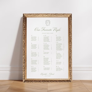 Modello modificabile per la tabella dei posti a sedere per matrimonio con monogramma verde e stemma, modello Canva, cartello personalizzato per la tabella dei posti a sedere del ricevimento di matrimonio classico, C1