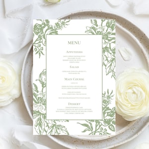 Modelo de cardápio de casamento em tecido verde-sálvia editável no Canva, cardápio floral para impressão para chá de bebê, chá de panela, ensaio, aniversário, F3
