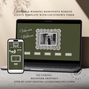 May include: A laptop and smartphone display a wedding website template. The laptop screen shows a photo in a decorative frame, with the names "Vittoria and William" above. The phone shows a mobile version of the website. Text includes "Editable Wedding Responsive Website".