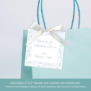 Bewerkbare blauwe toile-bedankkaartjesjabloon, vierkant bedankkaartje voor bruiloft, vrijgezellenfeest, babyshower, sjabloon voor cadeaukaartjes vakantie