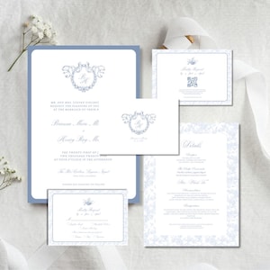 Modèle modifiable de toile d'invitation de mariage avec monogramme bleu poussiéreux, suite d'invitations de mariage en toile française vintage, ensemble d'invitations de mariage classique, F4