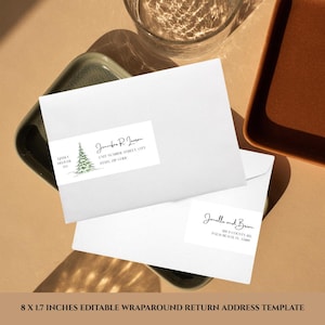 Plantilla editable de etiqueta de remitente para sobre con diseño de árbol de Navidad, plantilla de Canva para etiqueta de sobre con escritura personalizada e imprimible