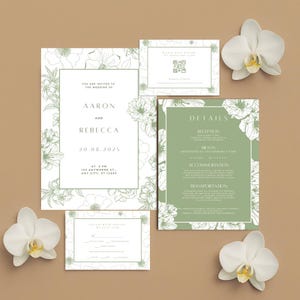 Botanische Hochzeitseinladungsfolge bearbeitbare Canva-Vorlage, benutzerdefinierte grüne minimale Blumenhochzeitseinladungsset, sofortiger Download einladen, AL