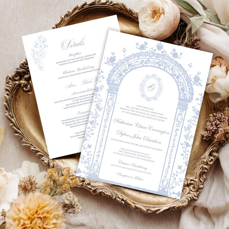 Editable Blue Chateau Core Wedding Invitation Set Canva Template ...