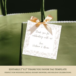 Plantilla editable de etiqueta de agradecimiento en tela marrón, etiqueta cuadrada de agradecimiento para bodas, despedidas de soltera, baby showers y regalos festivos.