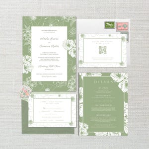 Modèle de toile modifiable suite de faire-part de mariage botanique, faire-part de mariage floral minimal vert personnalisé, téléchargement immédiat, inviter, AL