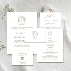 Vintage grünes Wappen mit Monogramm Hochzeitseinladungsvorlage, bearbeitbares Skript Hochzeitseinladungspaket, druckbare Hochzeitseinladungsvorlage, C1