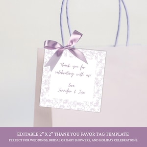 Plantilla editable de etiqueta de agradecimiento con diseño de lavanda, etiquetas cuadradas moradas para regalos de boda, despedida de soltera, baby shower y fiestas.