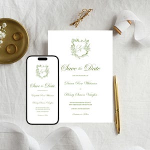Brasão de casamento editável com monograma e salve a data, convite eletrônico clássico personalizado para casamento, convite de casamento estilo Regência para impressão, F1