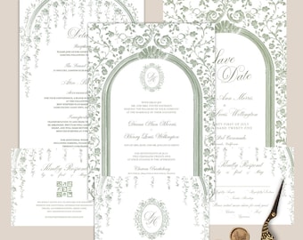 Editable Sage Green Floral Arch Wedding Monogram Crest Invitation Suite Canva Template, Printable Vintage Garden Full Set Invitations, V1