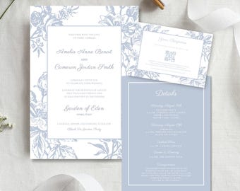 Editable Floral Dusty Blue Wedding Invitation Suite Canva Template, Custom Printable Vintage Toile Wedding Invite Set, Instant Download, F3