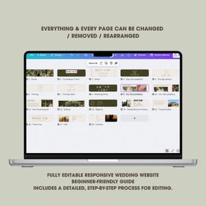 May include: A laptop screen displays a wedding website template with various sections like Home, Countdown Timer, and Gallery. Text at the top reads "EVERYTHING & EVERY PAGE CAN BE CHANGED / REMOVED / REARRANGED." The bottom text says "FULLY EDITABLE RESPONSIVE WEDDING WEBSITE BEGINNER-FRIENDLY GUIDE."