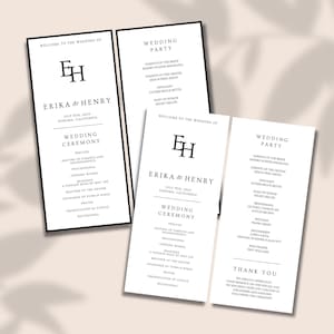 Bearbeitbares Minimal-Monogramm Hochzeitszeremonie-Programmkarte Canva-Vorlage, benutzerdefinierte druckbare Zeremonie-Order der Service-Timeline-Karte, EH