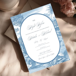 Editable Blue French Toile The Night Before Invite Canva Template, Printable Elegant Chinoiserie Wedding Rehearsal Invitation, F7