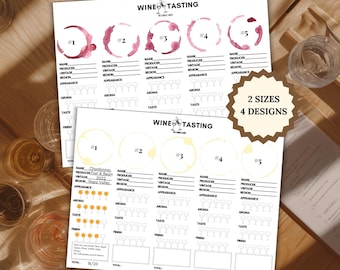 Schede di valutazione stampabili per la degustazione di vini bianchi e rossi, tappetini per la degustazione alla cieca, attività per appassionati di vino, tovagliette per la degustazione di vini