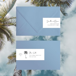 Wraparound palmboom retouradres envelop stickersjabloon, bewerkbaar script retouradres labelcanva sjabloon, afdrukbare stickers, P1