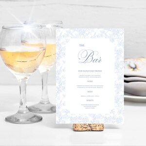 Editable Wedding Reception Bar Menu Canva Template, Printable Blue Toile Drinks Menu for Baby Shower, Bridal Shower, Rehearsal Dinner