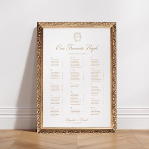 Modello modificabile per la tabella dei posti a sedere per matrimonio con monogramma marrone e stemma in ordine alfabetico su Canva, cartello personalizzato per la tabella dei posti a sedere del ricevimento di matrimonio classico, C1