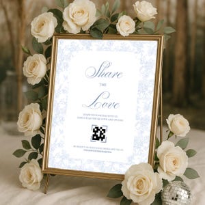 Modèle de toile de signalisation photo de mariage d'amour modifiable, panneau QR code personnalisé toile bleue pour réception, shower de mariage, baby shower