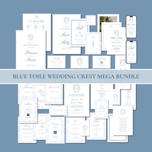 Editable Blue Toile Monogram Crest Wedding Mega Bundle Canva Template, Custom Printable Classic Chinoiserie Wedding Essentials Bundle, C1