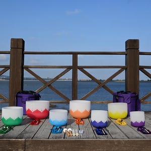 432Hz Lotus Crystal Singing Bowl Set, Chakra Tuning Forks with Carry Cases, Mallets & Orings