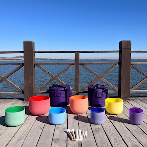 432Hz 6''-12'' Chakra Color Crystal Singing Bowl Set with Carry Cases and Free Mallets
