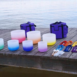 With Chakra Tuning Fork Set,432HZ Perfect Pitch 6-12 Inches Note CDEFGAB Gradient Crystal Singing Bowls Set with Carry Bags and Free Mallets