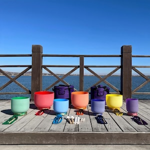 432Hz 6''-12'' Color Crystal Singing Bowl Set: Chakra Tuning Fork Set, Cushions and Mallets