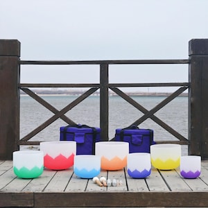 432HZ Perfect Pitch 6&#39;&#39;-12&#39;&#39; Note CDEFGAB Lotus Colored Crystal Singing Bowls Set with Carry Cases and Free Mallets