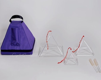 Quartz Crystal Singing Pyramids Set 4 inch 6 inch 8 inch Sound Healing Instrument with Carry Case and Free Mallets