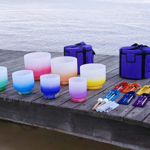 With Chakra Tuning Fork Set,432HZ Perfect Pitch 6-12 Inches Note CDEFGAB Gradient Crystal Singing Bowls Set with 7 Cushions and Carry Cases