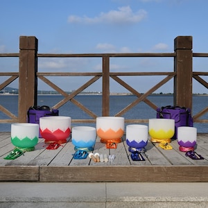 Chakra Lotus Crystal Singing Bowl Set, 432Hz, Tuning Forks, Cushions & Cases