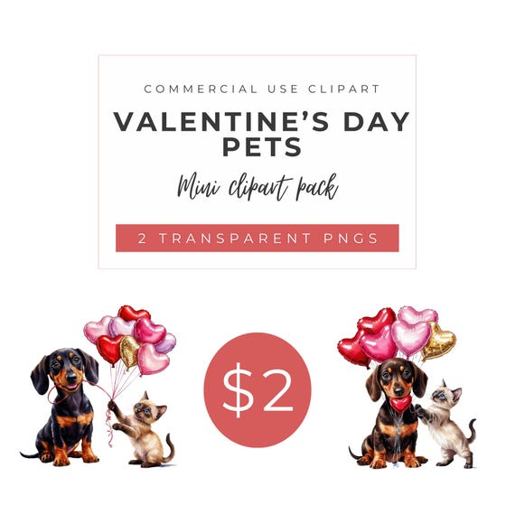 Watercolor Valentine Dog and Cat With Heart Balloons Clipart