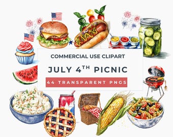 Imágenes prediseñadas de picnic del 4 de julio en acuarela / Barbacoa en EE. UU., fuegos artificiales (Descargar)