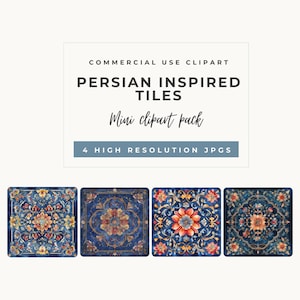 May include: A digital clipart pack featuring four Persian-inspired tile designs. Each square tile showcases intricate floral patterns in shades of blue, orange, yellow, and gold. The text reads "Commercial Use Clipart," "Persian Inspired Tiles," and "Mini clipart pack."