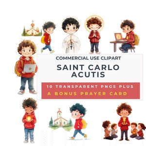 Può includere: Set di clipart digitali con illustrazioni di San Carlo Acutis. Le immagini includono rappresentazioni del santo con un laptop, che tiene una candela e cammina. Il set include 10 PNG trasparenti e una carta di preghiera bonus.