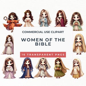 Chibi vrouwen van de Bijbel clipart, bijbelse karakters, bijbelstudie kunst, christelijke png, digitale download, zondagsschool png, commercieel gebruik.