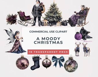 Moody Christmas Watercolor Clipart Bundle, 18 Dark Elegant Holiday PNGs | Commercial Use